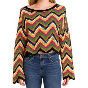 ZARA KNIT Multicolor Cropped Crochet Sweater Long Bell Sleeve ZigZag sz M